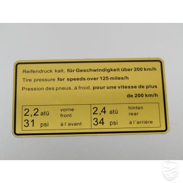 Klebeschild, Reifendruck, 200 km/h für Porsche 911S/E/T '67-'71 912